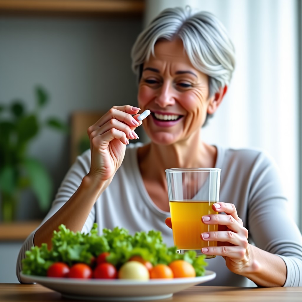 A lifestyle photography of a middle-aged woman having a healthy salad breakfast and taking a supplement capsule with a glass of water. 4:3