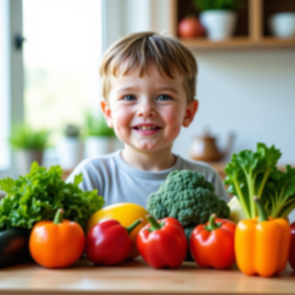 A variety of fresh vegetables and fruits on a kitchen table with a blurred background of a healthy child, clean and bright lighting, realistic food photography. 1:1