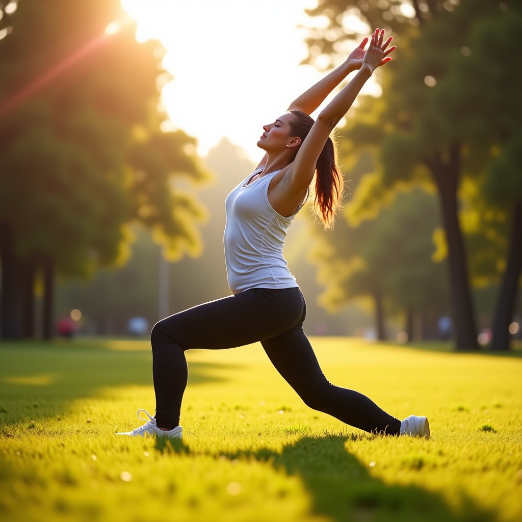 A healthy person stretching outdoors in a sunny park, focus on full body wellness, warm natural sunlight, 4:3