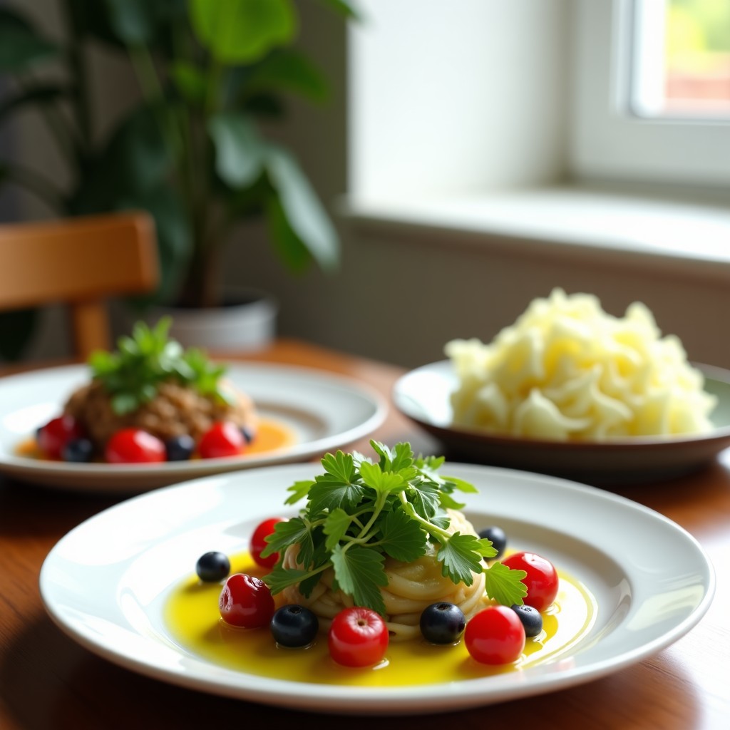 A healthy meal featuring a salad with olive oil, steamed cabbage, and berries in a bright dining room setting, realistic and detailed composition, 4:3