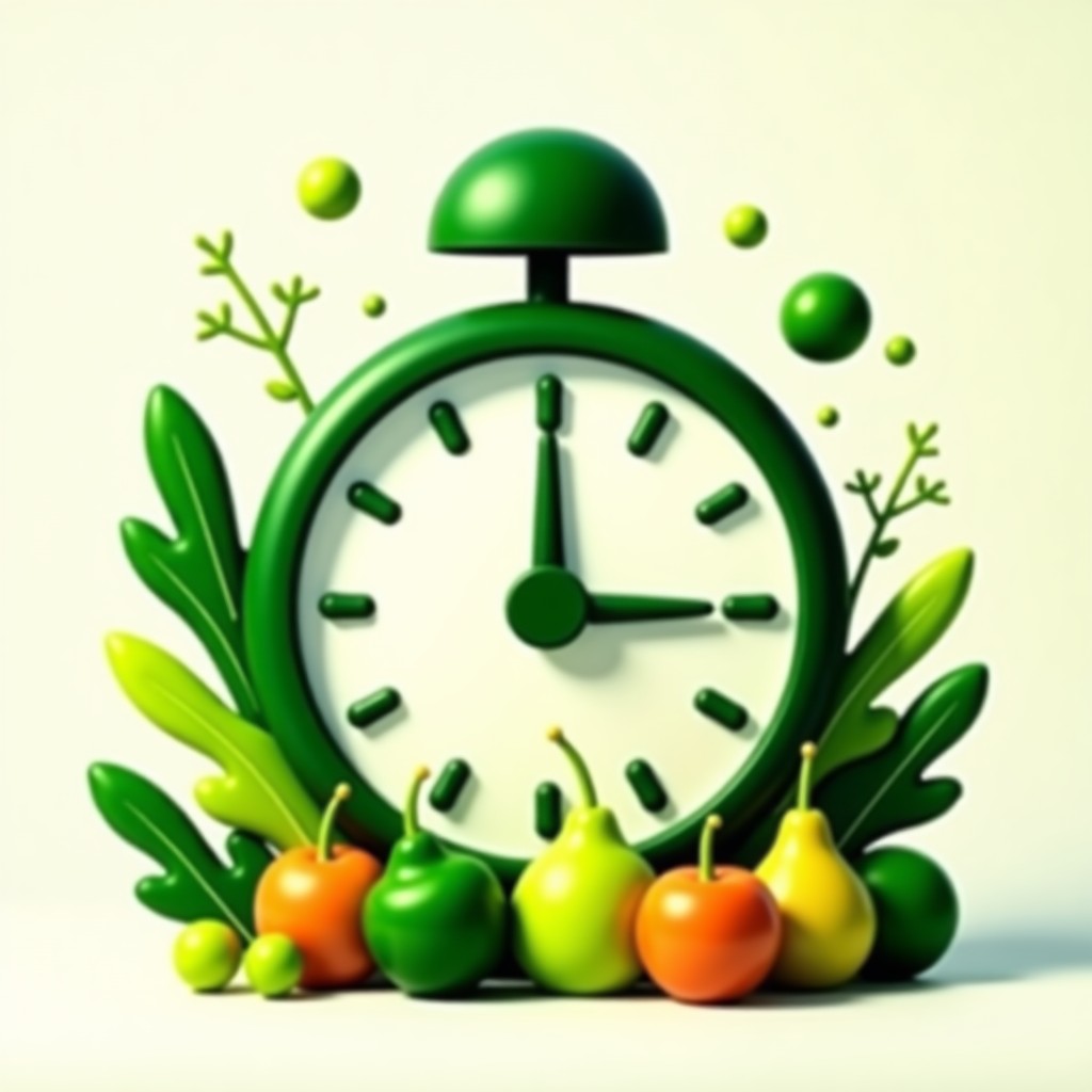 A creative composition featuring a stylized clock, healthy green vegetables, and abstract hormonal balance symbols, bright and balanced lighting, no text, 4:3