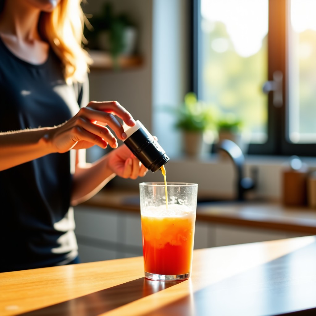 A high-quality lifestyle photograph of a person preparing a healthy drink with amino acid powder in a modern kitchen. Soft morning sunlight filtering through the window, wooden countertop, glass of water, and a sleek supplement container. Natural and clean atmosphere. 4:3