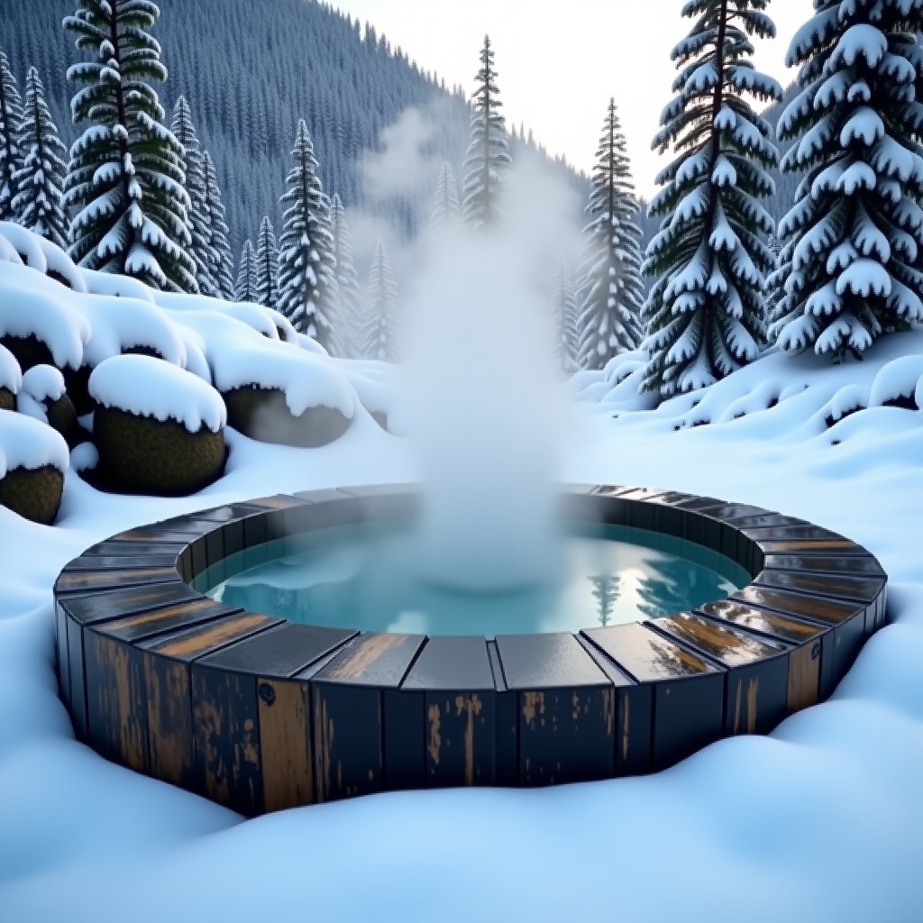 A serene outdoor natural stone hot spring pool in winter, thick steam rising from clear water, snow-dusted pine trees and rocks in the background, peaceful atmosphere, high quality photography, 4:3