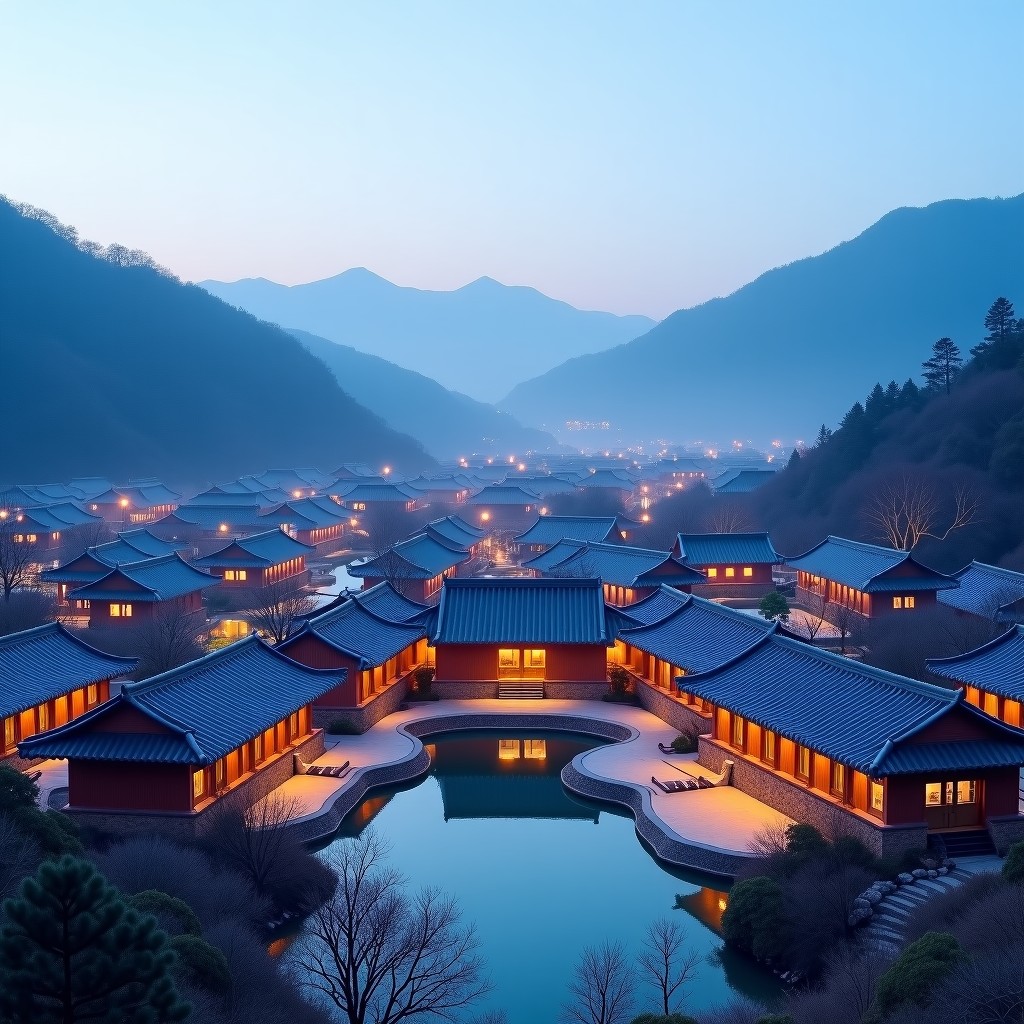 A panoramic view of a traditional Korean hot spring resort nestled in a winter mountain landscape, traditional tiled roofs, subtle evening lights, calm and inviting, 4:3