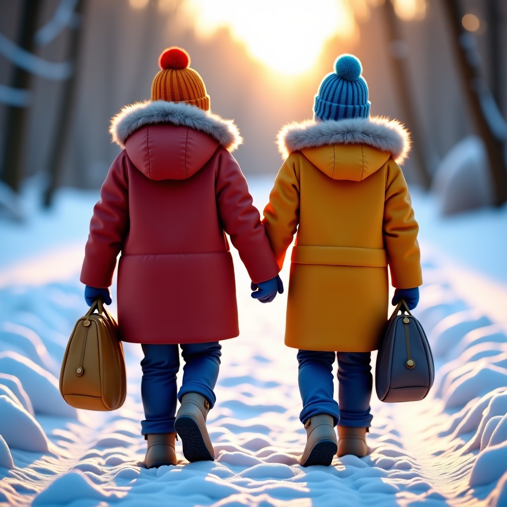 Close-up of people wearing thick winter parkas, colorful beanies, and warm gloves. They are holding hot packs and walking on a snow-covered path. Natural outdoor lighting, cozy winter vibe. 4:3