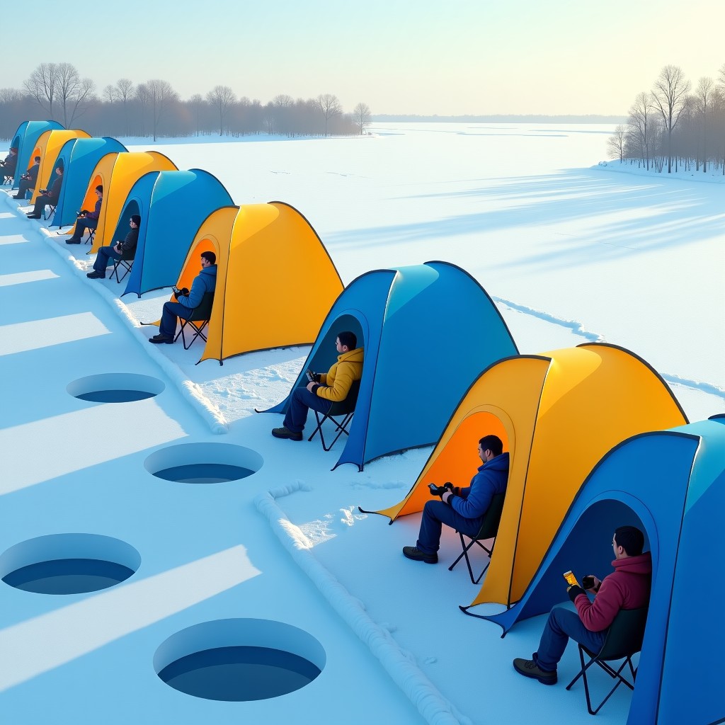 A row of blue and yellow fishing tents set up on a thick frozen river. People are sitting on small chairs inside the tents looking into ice holes. Soft winter sunlight. 4:3