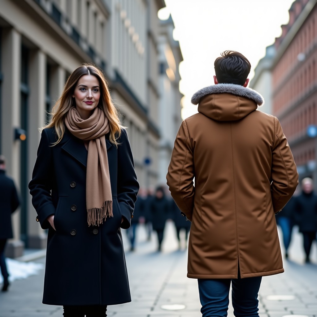 A split screen image showing a person in a sophisticated wool coat with a scarf on one side, and a person in a warm long padding jacket on the other side. Professional urban setting, winter morning atmosphere. 4:3