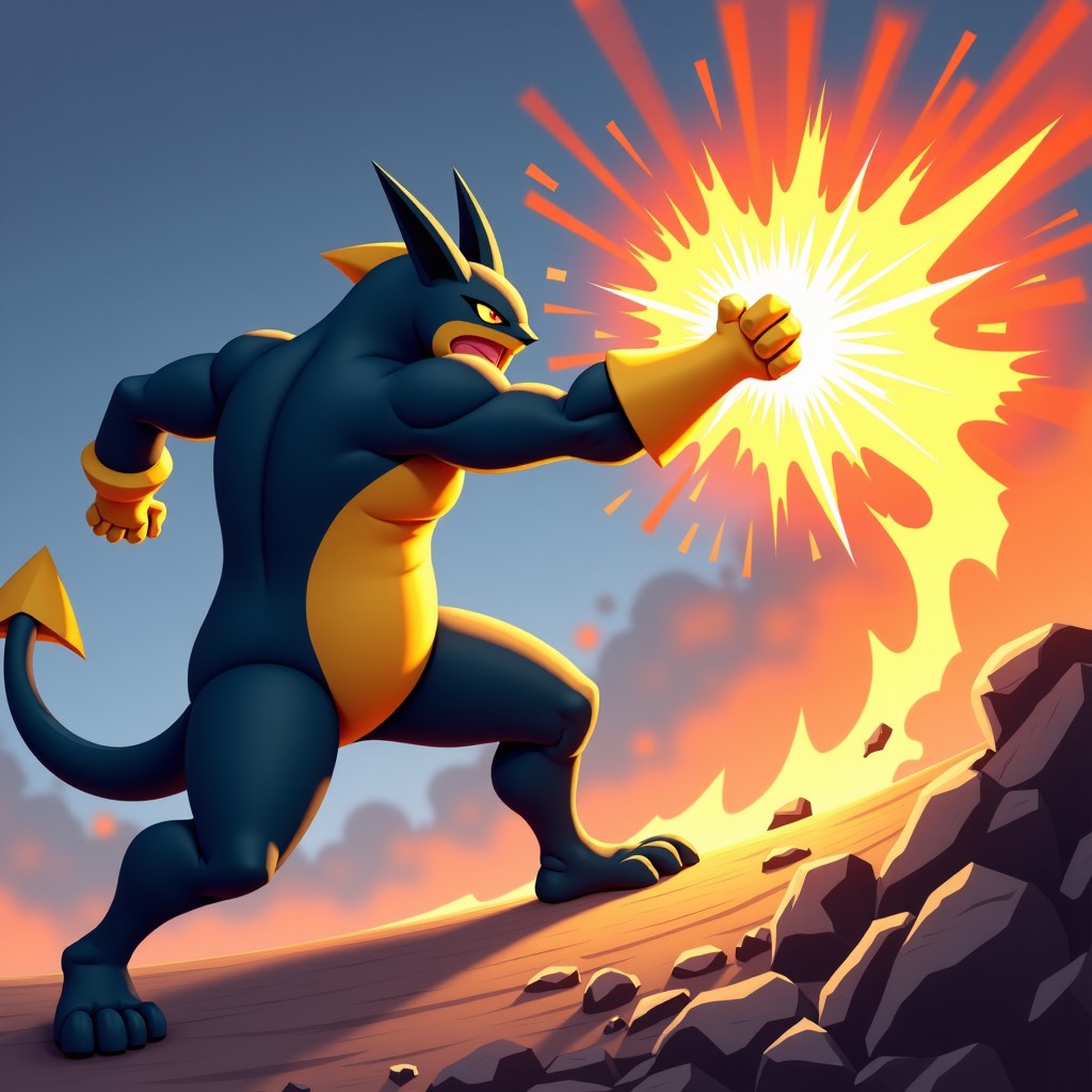 A powerful Machamp using a dynamic fighting punch move against a normal type opponent, intense battle atmosphere, high contrast, 4:3