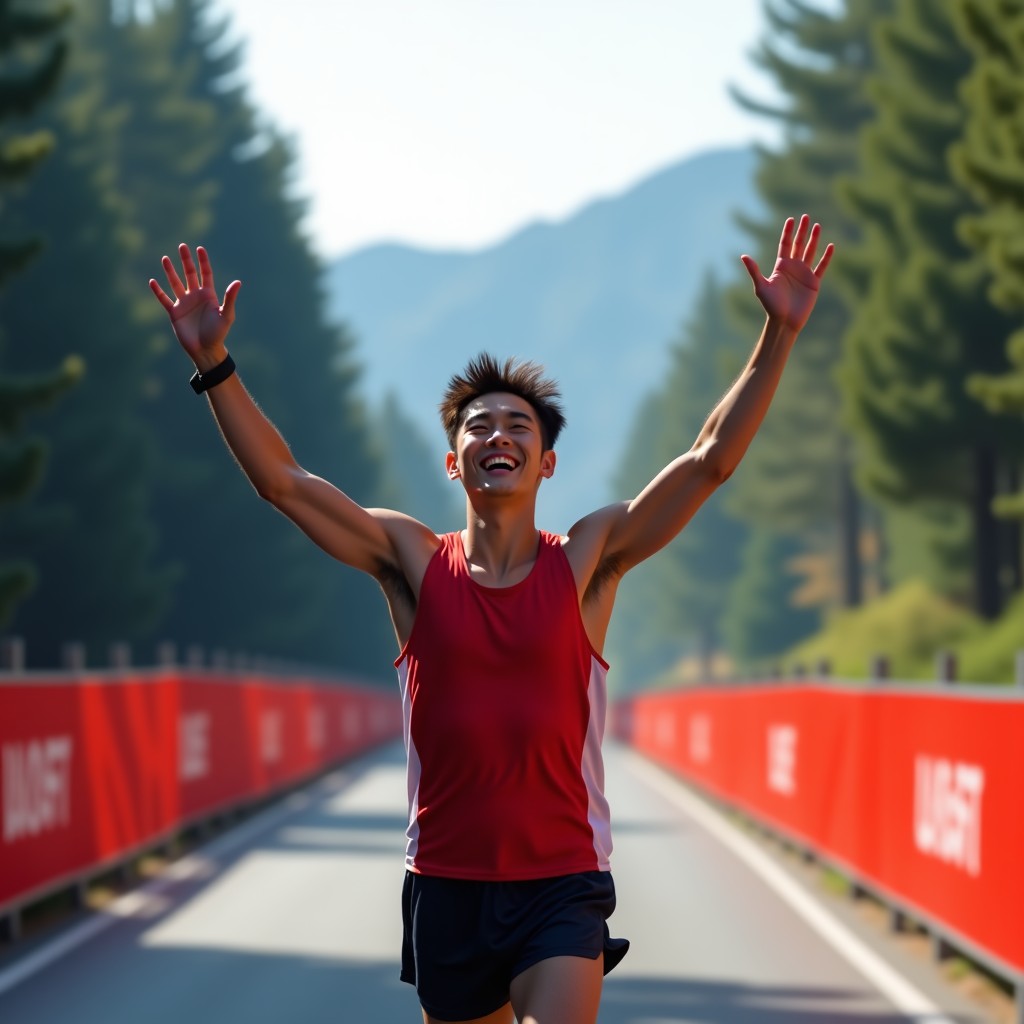 A male Korean runner raising hands in joy while crossing a finish line in a mountain park, blurred background, celebratory atmosphere, high contrast, 4:3