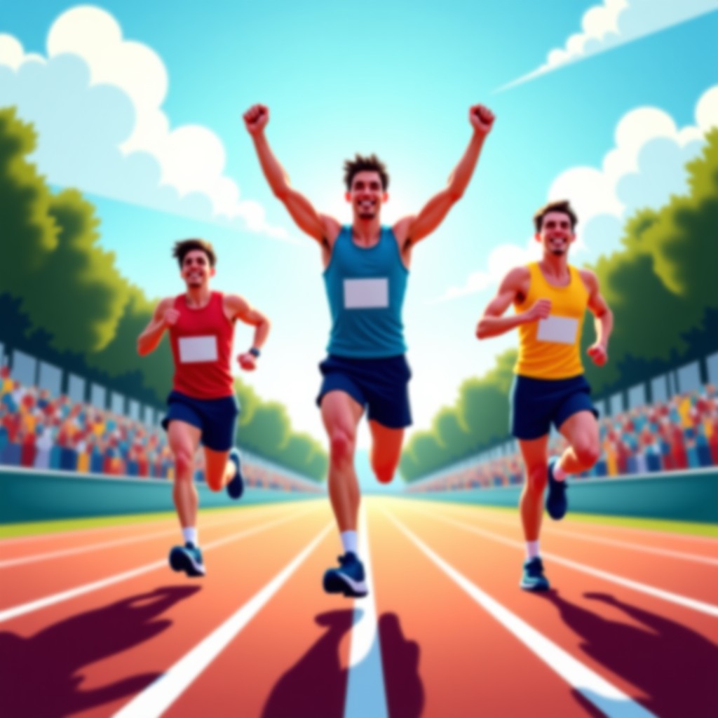 Happy runners crossing a finish line at a sports complex, arms raised in victory, vibrant colors, sports event atmosphere, 4:3