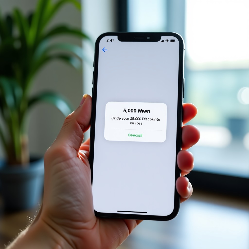 Close up of a smartphone screen displaying a notification that 5,000 won has been discounted via Toss. The background is a slightly out of focus modern interior, clean and minimalist aesthetic, 1:1