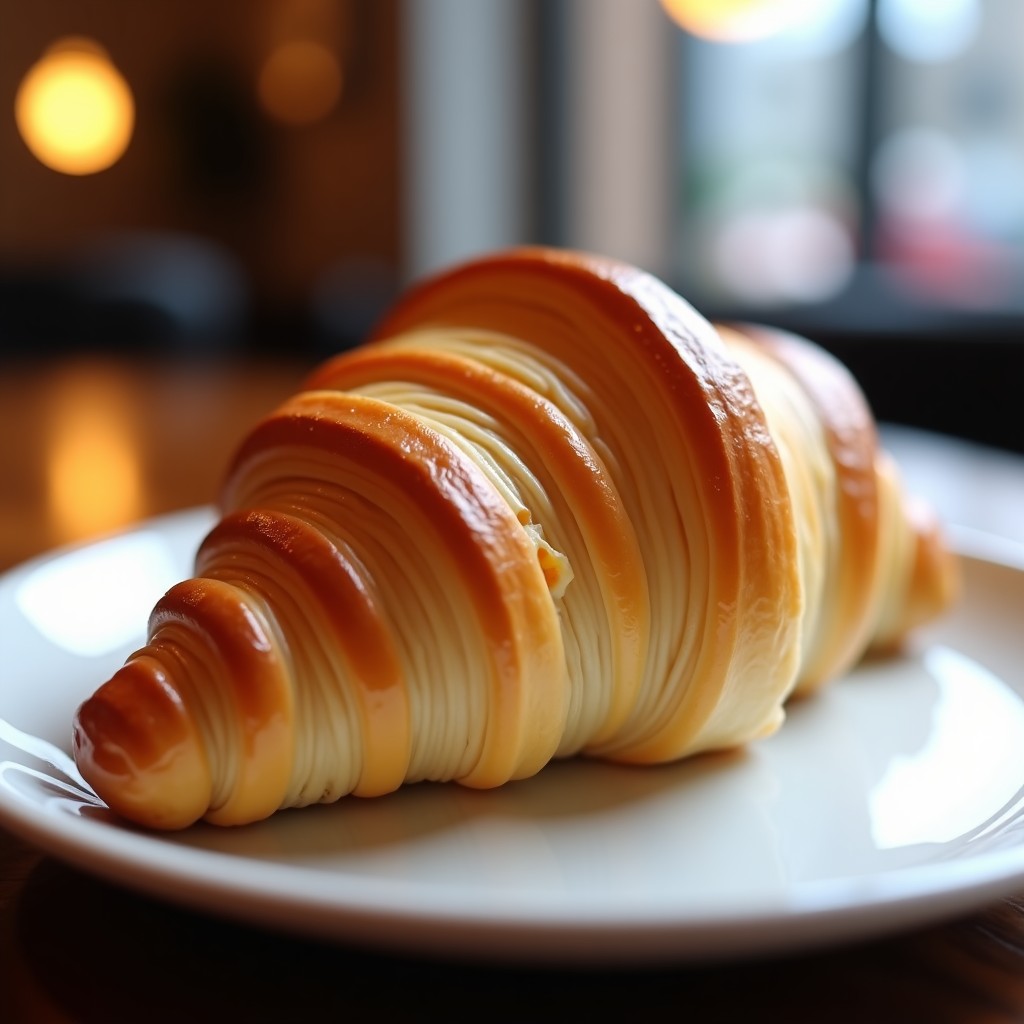 A hyper-realistic close-up shot of a unique croissant with thousands of visible, paper-thin pastry layers on the surface, golden brown and crispy texture, placed on a white ceramic plate in a warm lit cafe setting, 4:3