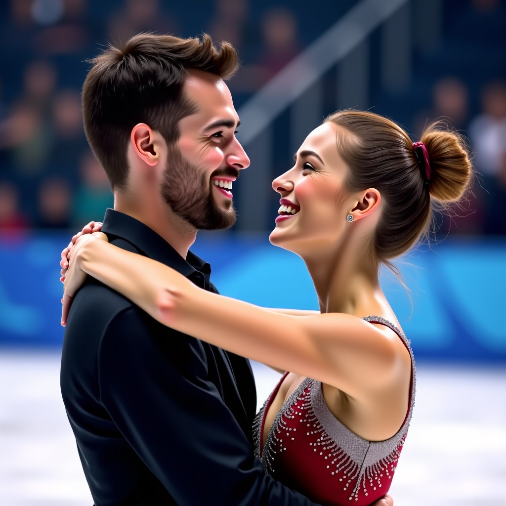 Close up shot of a male and female ice dancer smiling brightly and hugging each other with joy after a successful performance. They are wearing professional skating outfits. Soft stadium lighting in the background. Natural and emotional expressions. No text. 1:1