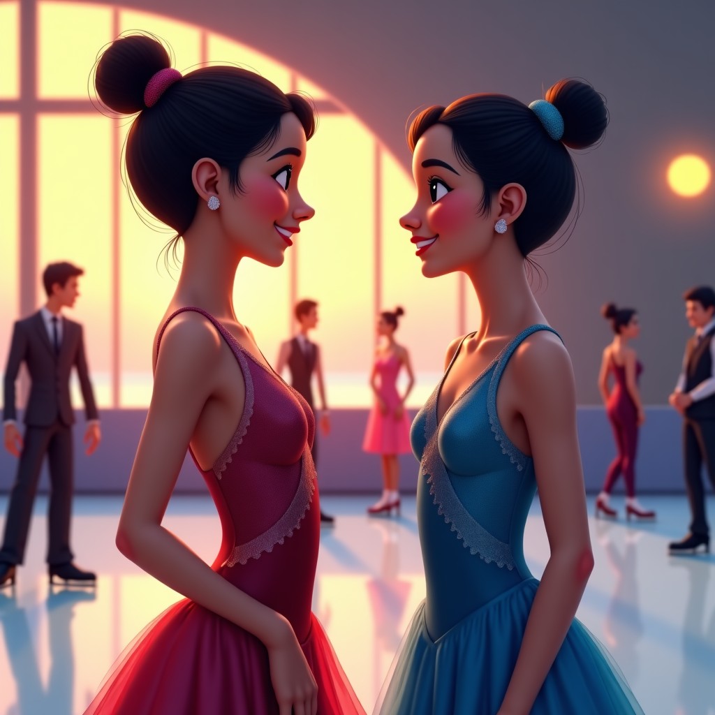 Two young female Korean figure skaters in elegant competition costumes talking warmly and smiling to each other in the lounge of a modern ice arena, cinematic lighting, realistic style, 4:3