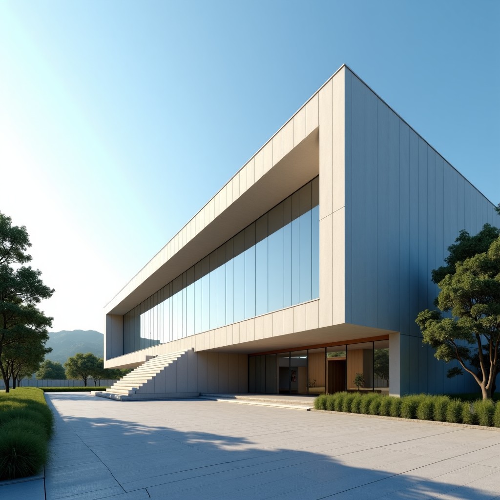 A modern and stylish cultural center building in Gyeonggi-do with a wide glass facade, contemporary architecture, clean surroundings, sunny day, high contrast, 4:3