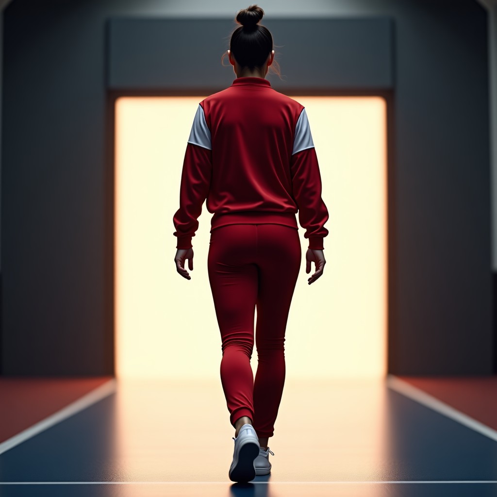 A professional athlete walking towards the stadium exit with a straight posture. She is wearing a national team tracksuit. The composition shows her from the back looking toward a bright light at the exit. Professional lighting. 4:3