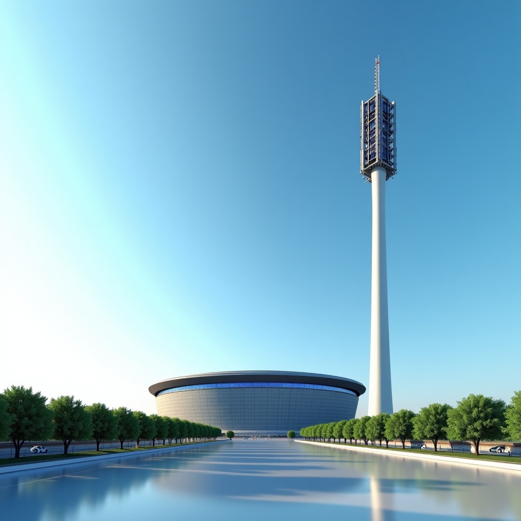 A sleek modern 5G cellular tower standing near a large sports arena, clear blue sky, wide angle shot, urban infrastructure, high quality 3D rendering, No Korean Text, 1:1