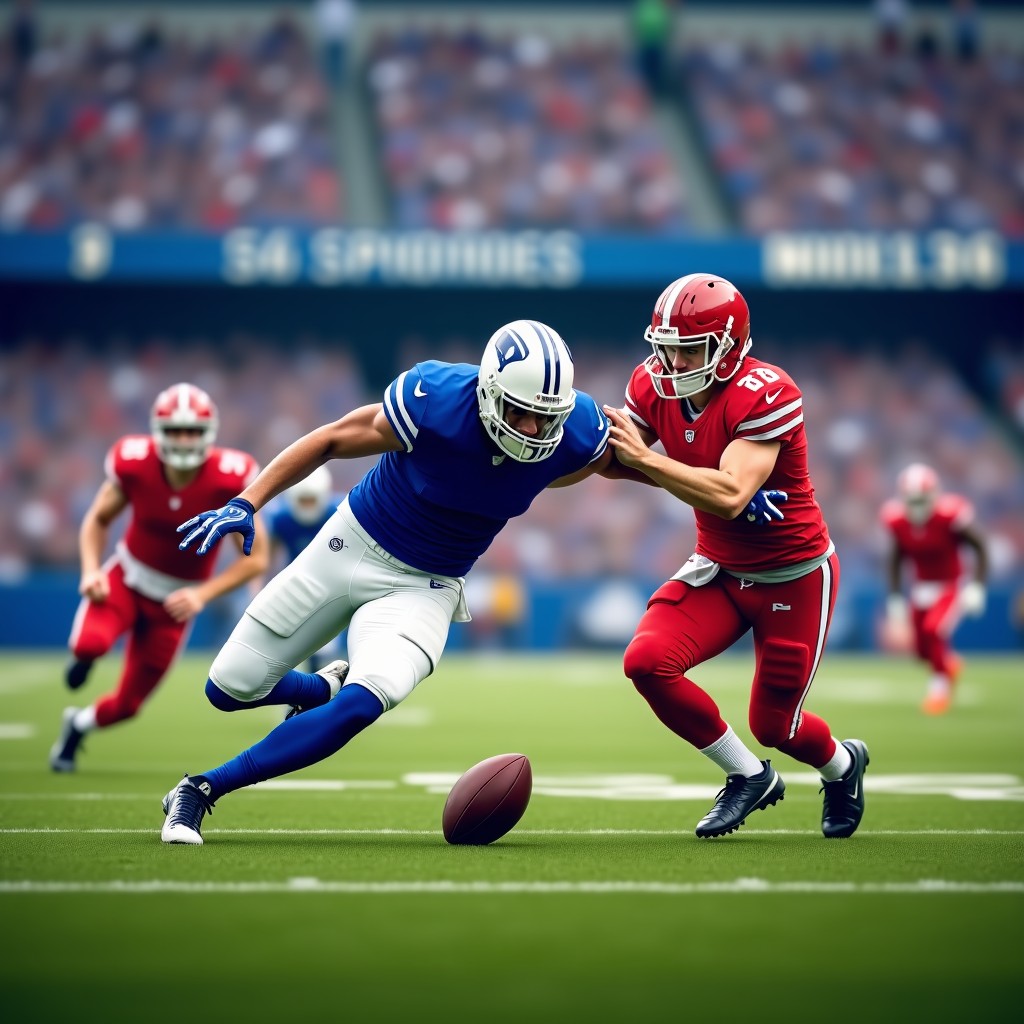 High action shot of an American football game, players in blue and red jerseys competing for the ball on a green field, crowded stadium background, realistic sports photography, 4:3