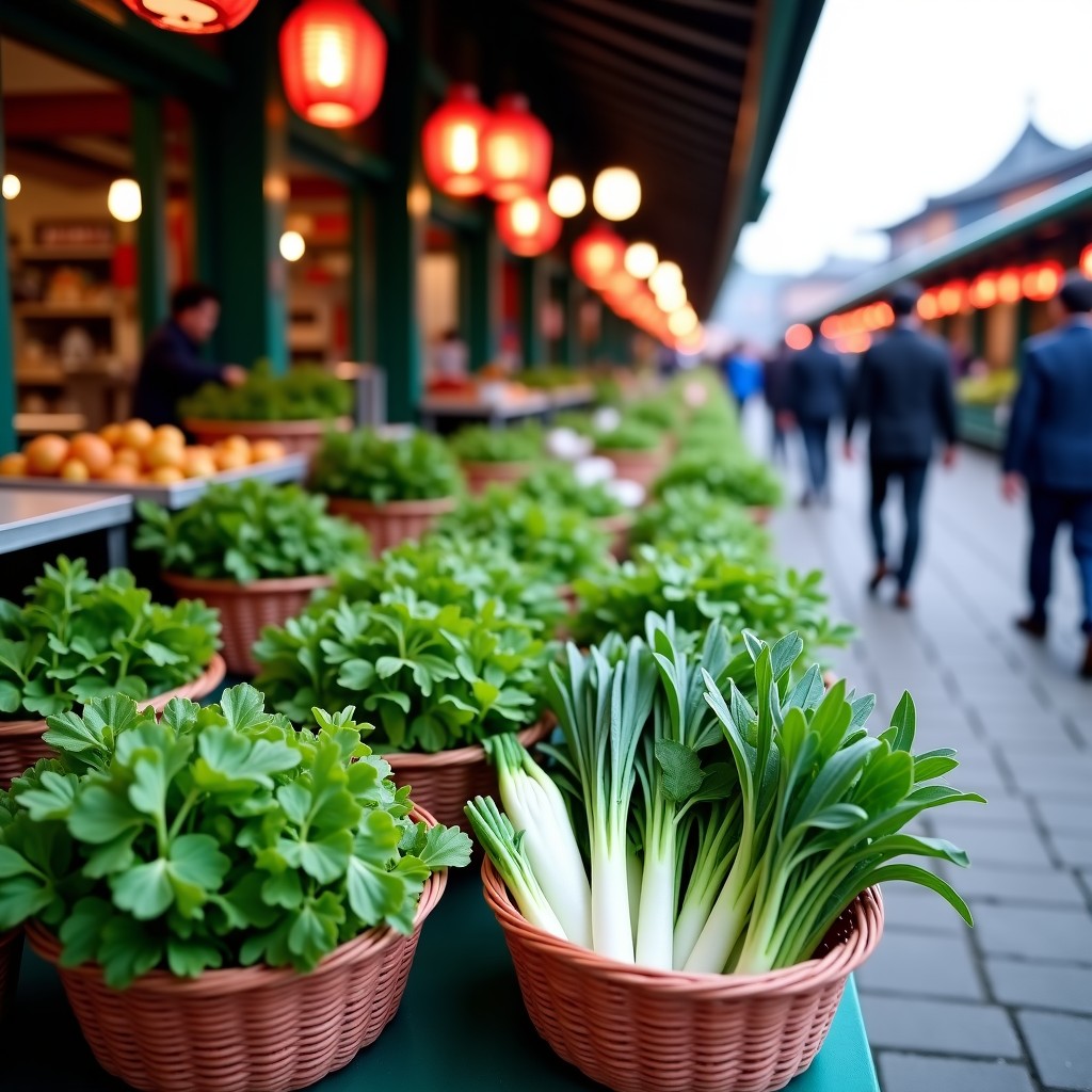 Traditional Korean market scene with various spring greens displayed in baskets, bustling atmosphere, lifestyle photography, 1:1