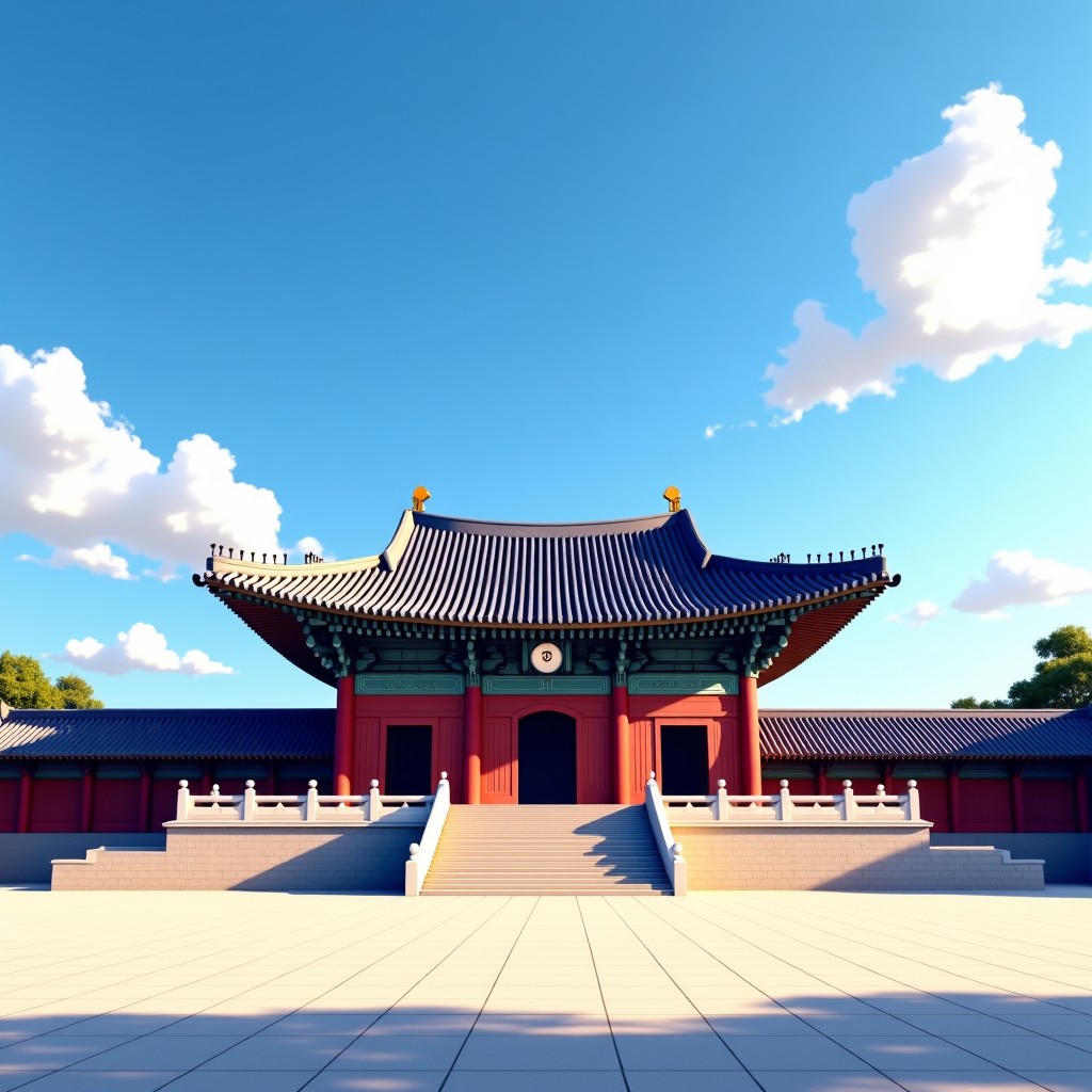 A majestic view of Gyeongbokgung Palace's Throne Hall Geunjeongjeon under a clear blue sky with traditional Korean architecture details and a serene atmosphere. 4:3