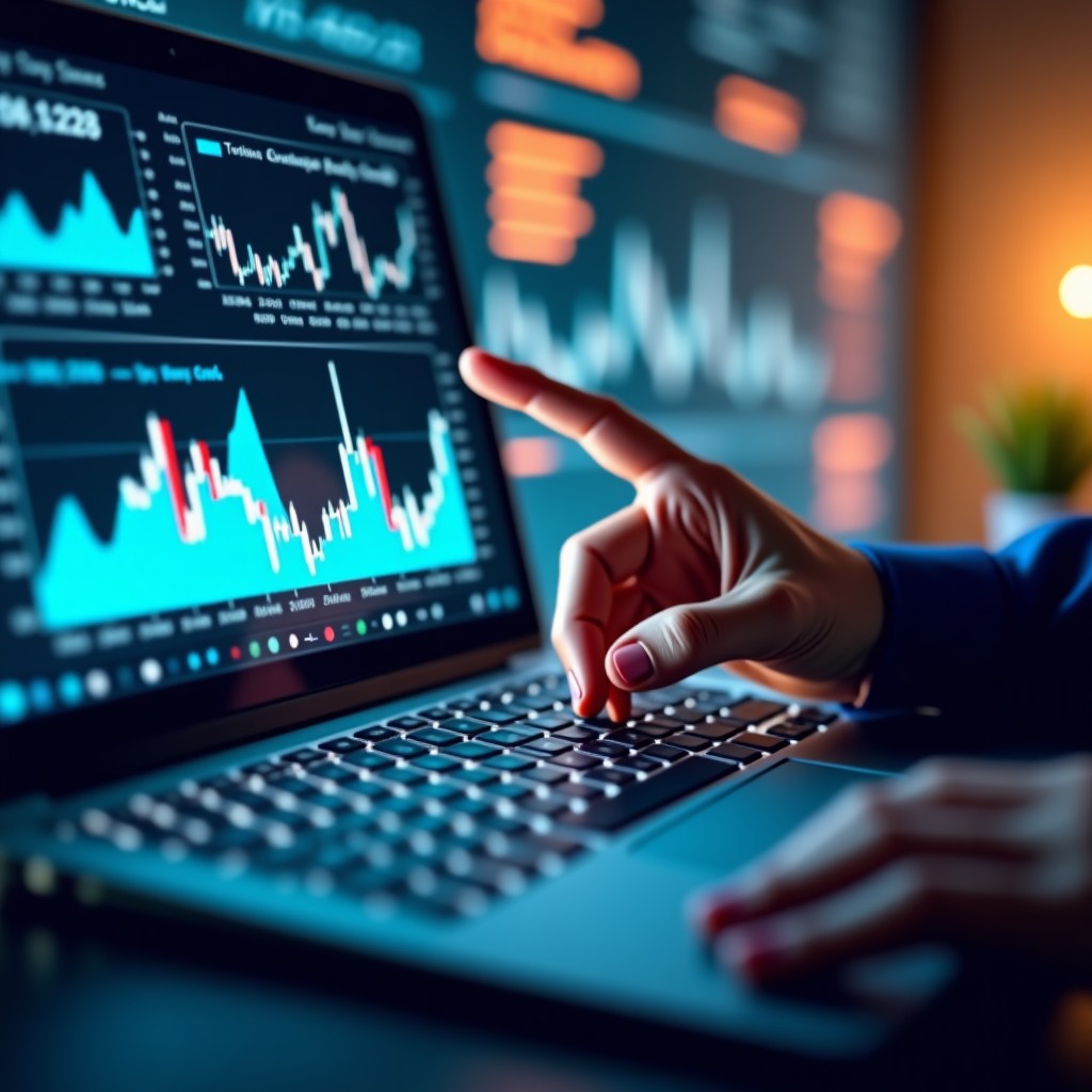 Professional financial analysis environment with digital charts and market data, warm lighting, focused composition, high quality, 4:3