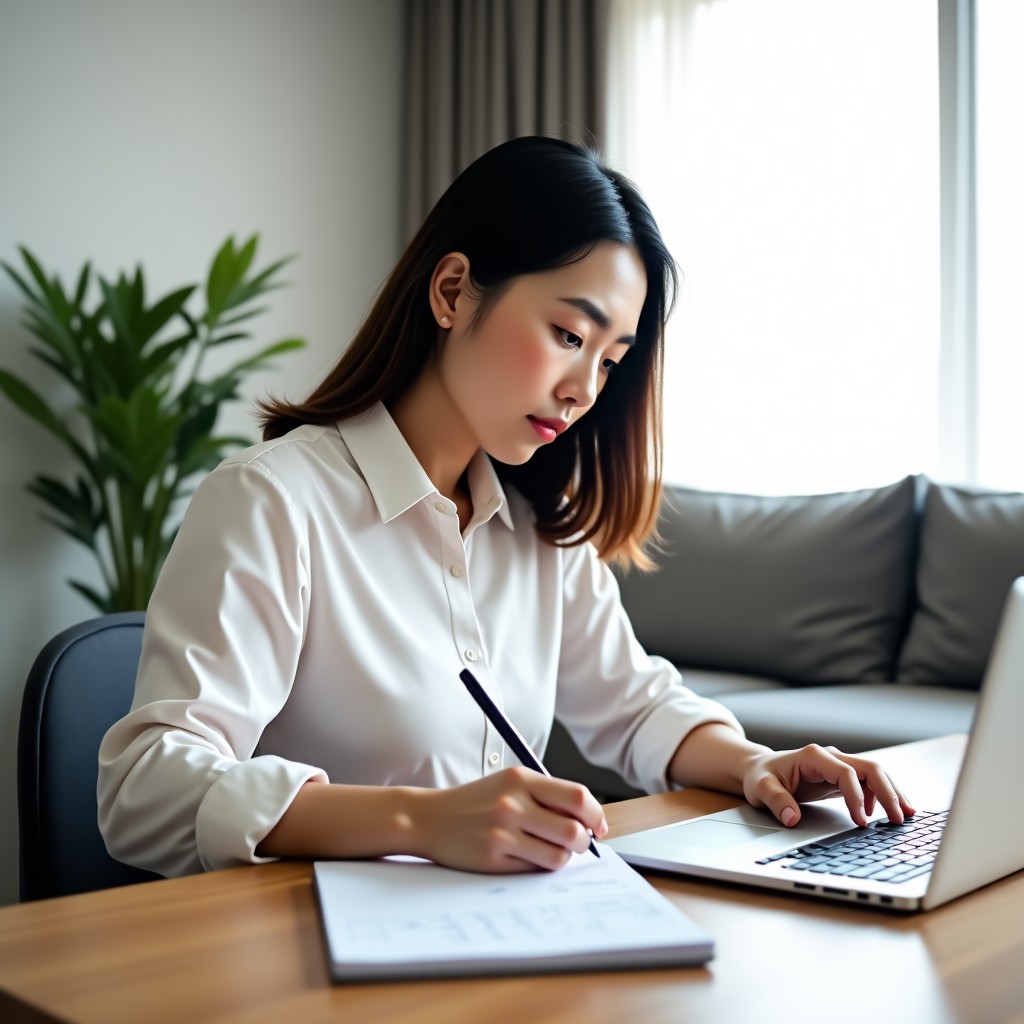 A Korean person sitting at a tidy desk with a laptop and a notepad, calmly calculating finances. The background shows a soft-focus living room. High contrast, clean layout, modern atmosphere, 1:1