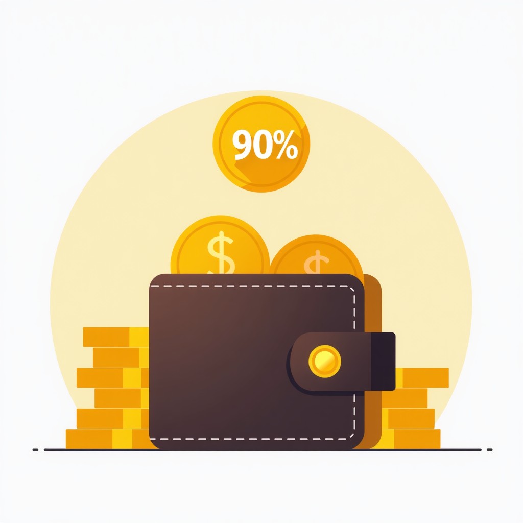 Modern flat design illustration representing financial savings, a stylized wallet with gold coins and a floating 90 percent symbol, clean gradient background, professional look. 1:1