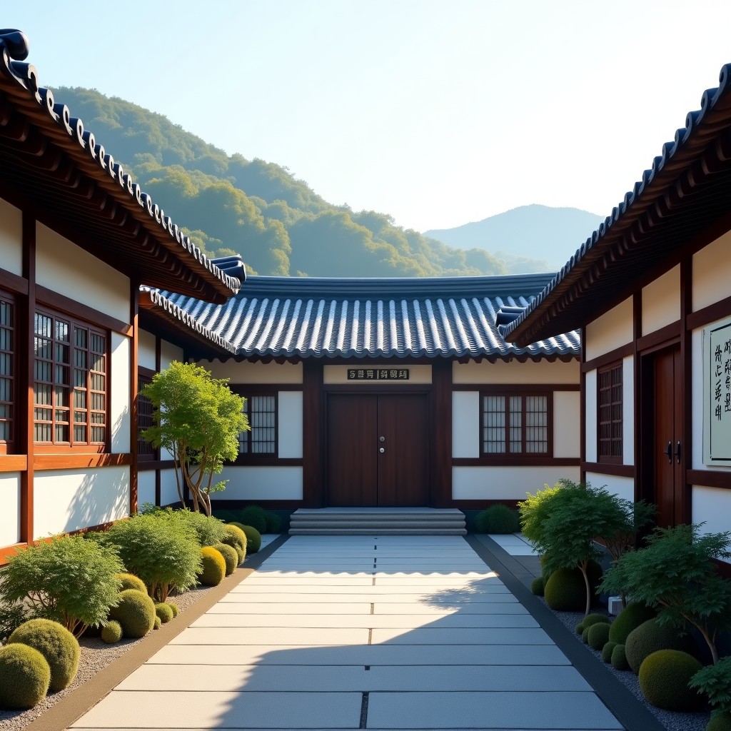 A peaceful traditional Korean oriental medicine clinic building in Gyeongju with tiled roofs and wooden structures, soft morning sunlight, serene atmosphere, high quality photography. 4:3