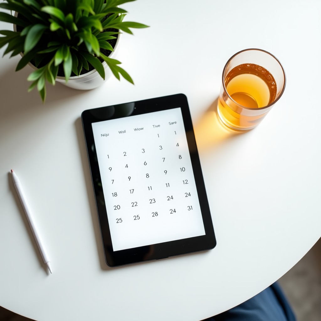A minimalist desk with a digital tablet showing a calendar and a glass of non-alcoholic sparkling drink, a small plant, calm morning atmosphere, top view, 4:3.