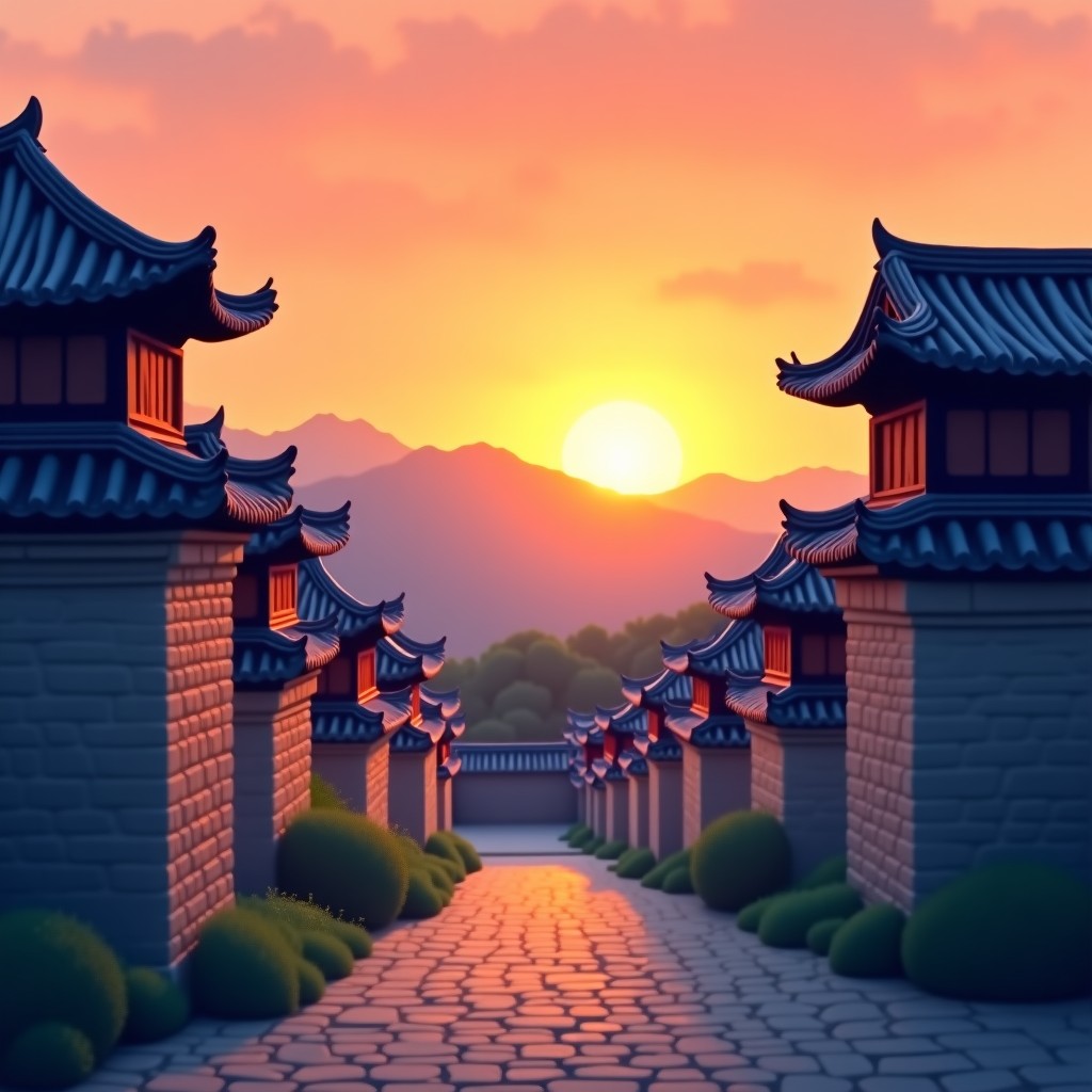 A peaceful sunset glow over the traditional stone walls and tiled roofs of an old Korean palace signifying the passage of time. 4:3