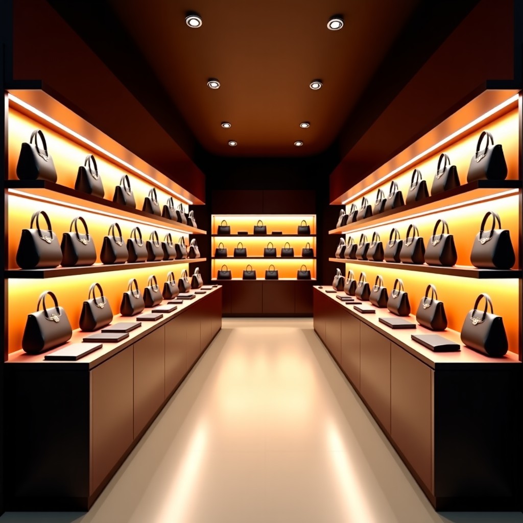 Interior of a high-end luxury boutique, rows of elegant handbags on display, sharp focus, sophisticated lighting, warm and rich colors, 4:3