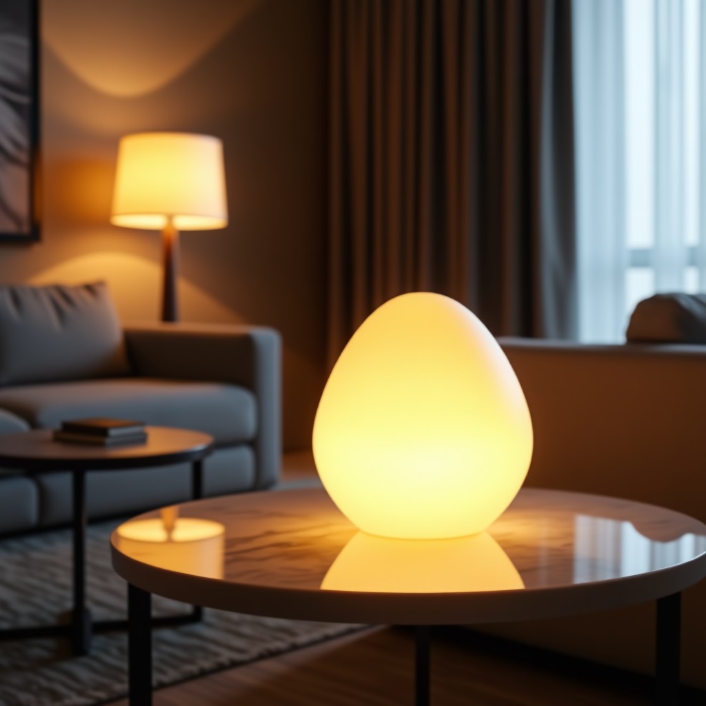 A luxurious modern living room with a crystal mood lamp on a marble side table. The lamp emits a warm golden glow, reflecting beautifully on the crystal surface. The background is a soft-focus minimalist interior with elegant furniture. Lifestyle photography, warm cinematic lighting, 4:3