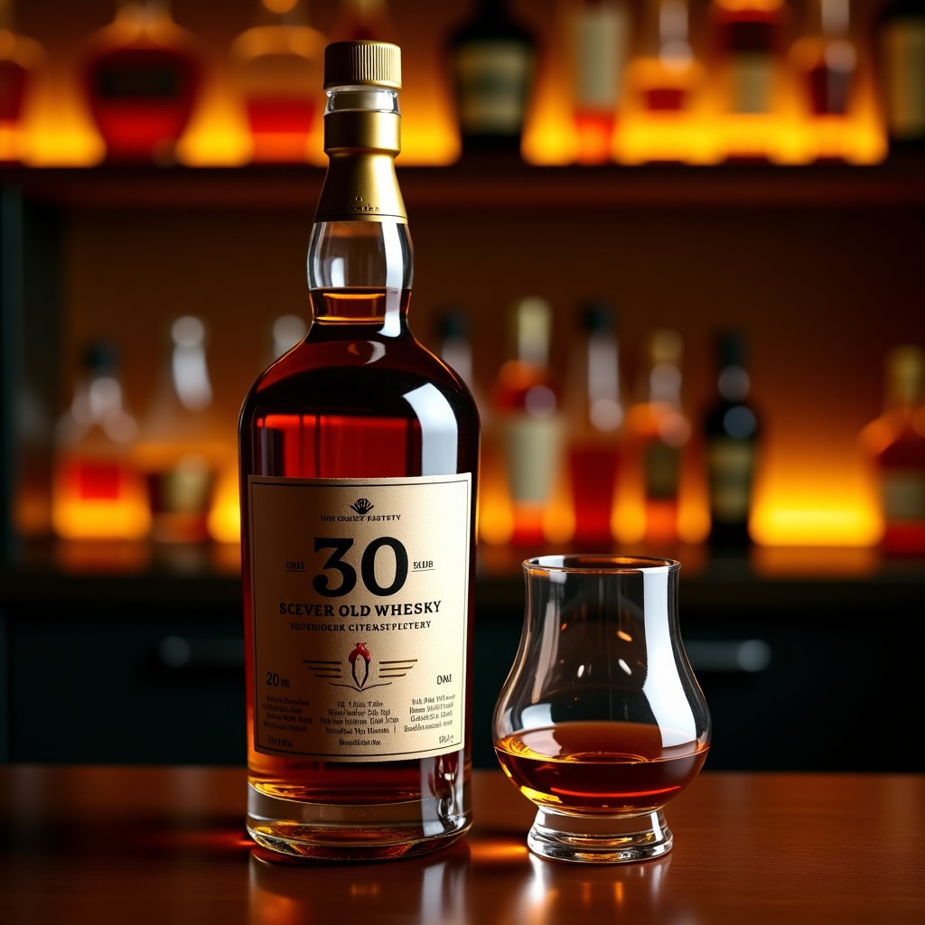 A bottle of premium 30-year-old blended Scotch whisky with a matte finish and gold accents placed on a dark wooden bar counter. A crystal glass with amber liquid is next to it. Soft warm ambient lighting, lifestyle photography, high contrast, 1:1