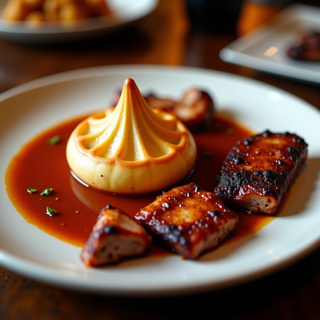 Close-up of a table featuring a warm Ankroute soup with a golden puff pastry dome and various grilled barbecue meats like pork ribs. Soft restaurant lighting, appetizing food photography, 4:3