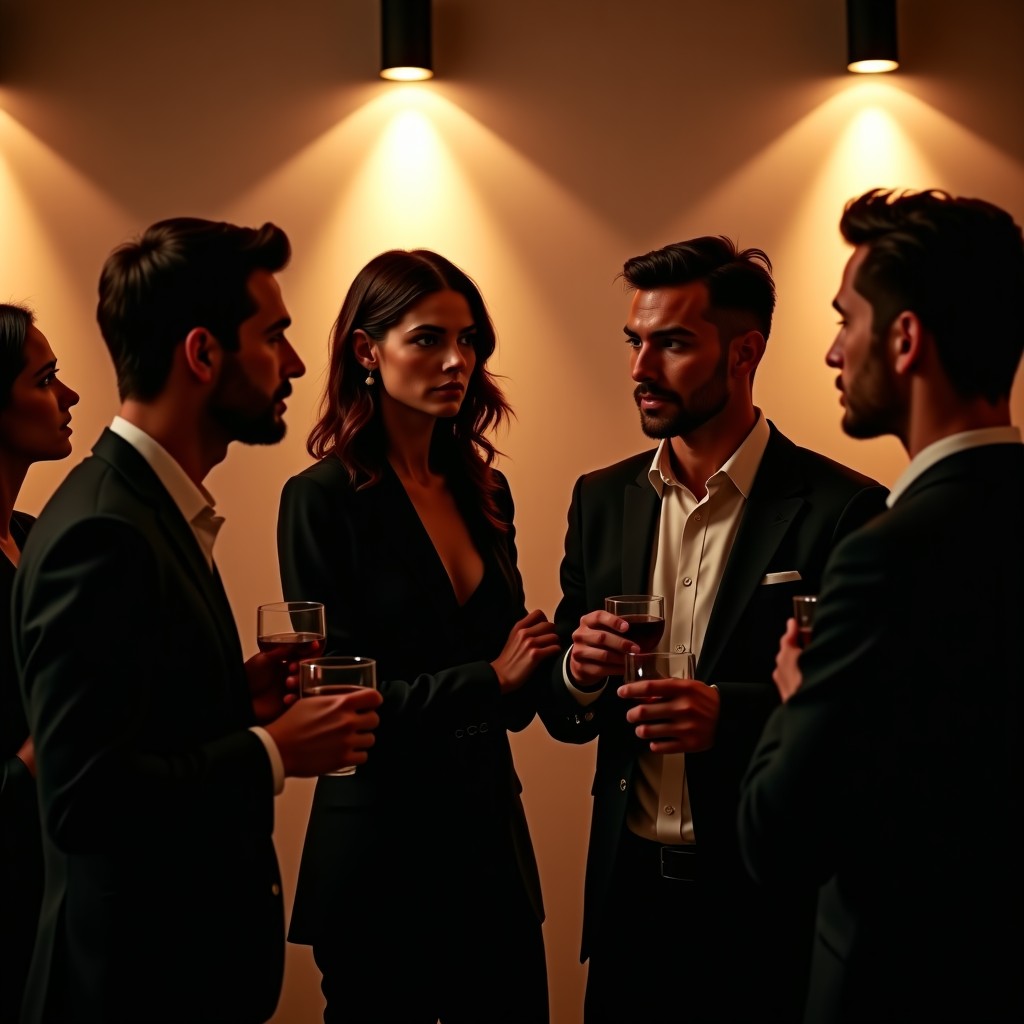 A group of sophisticated people having a tense but elegant conversation in a dimly lit high-end social club. Cinematic lighting, deep shadows, expressive faces, focused on human interaction. Realistic photography style. 4:3