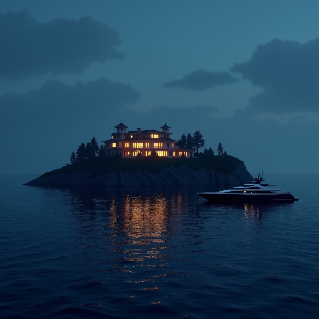 A luxurious private island mansion at dusk, seen from a distance across the ocean, dark blue water, expensive yacht anchored nearby, glowing windows reflecting on the water, secretive and cold atmosphere, realistic photography, 4:3