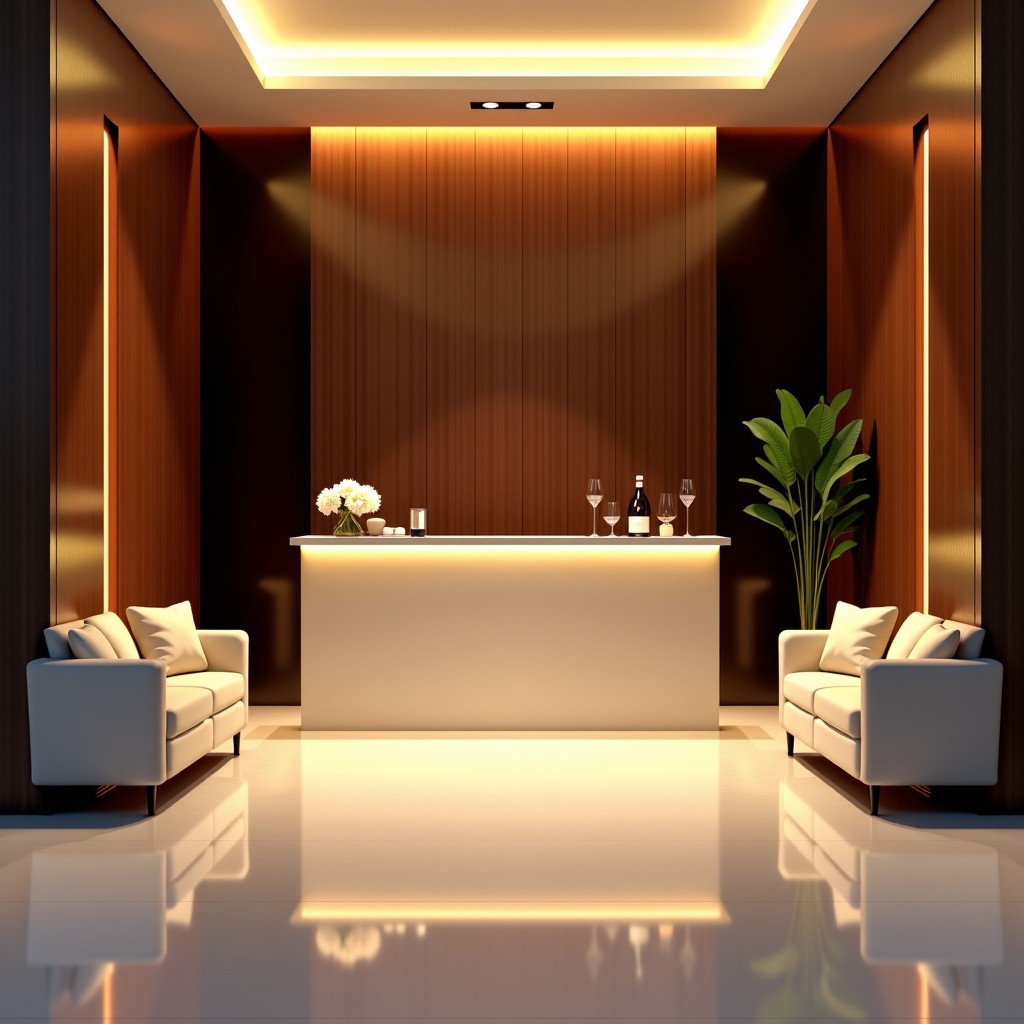 Elegant wedding hall lobby with a sophisticated welcome drink bar, modern lounge sofa, luxury interior design, warm lighting, high-end hotel atmosphere, 4:3