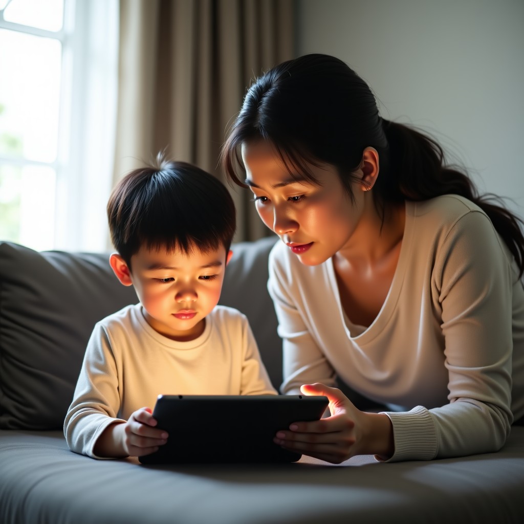 A Korean mother looking concerned at her young son who is playing with a tablet in a modern living room, soft natural morning light, realistic lifestyle photography, 4:3