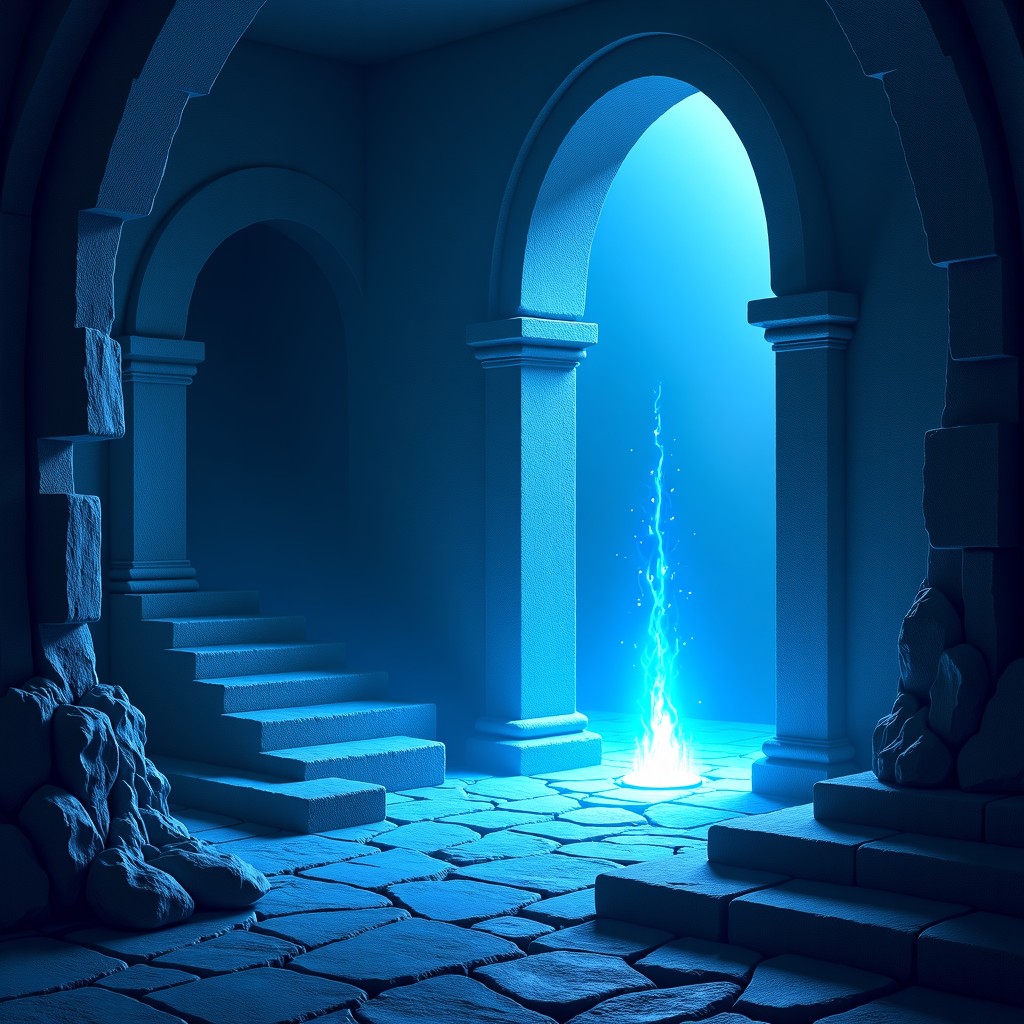 Ancient stone ruins with glowing magical artifacts and mysterious runes carved on the walls, blue magical light, realistic fantasy atmosphere, 4:3