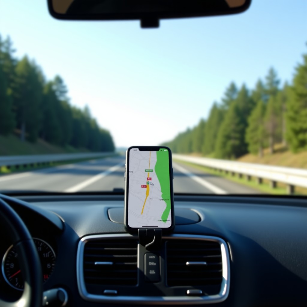 Interior of a car looking through the windshield at a clear highway, a smartphone on a cradle showing a map with green traffic flow, sunny day, focused on safety and technology, 1:1