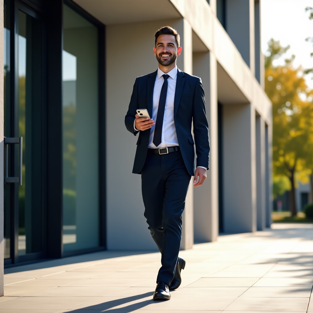 A professional man in a business suit walking toward a modern bank entrance with a smiling face, holding a smartphone, sunny day, realistic urban setting, high quality street photography, 4:3