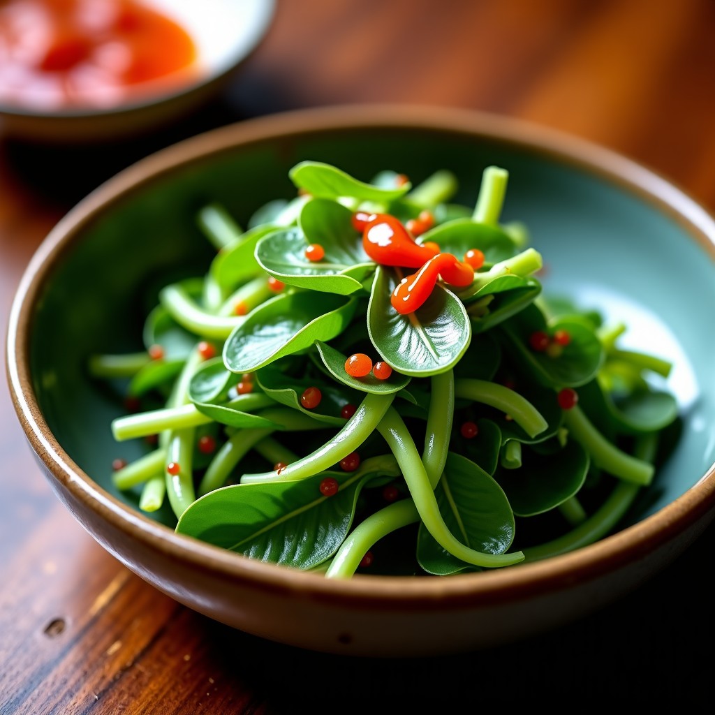 Seasoned daylily greens with red chili paste on a traditional Korean ceramic plate, close up, warm lighting, appetizing food photography, 4:3