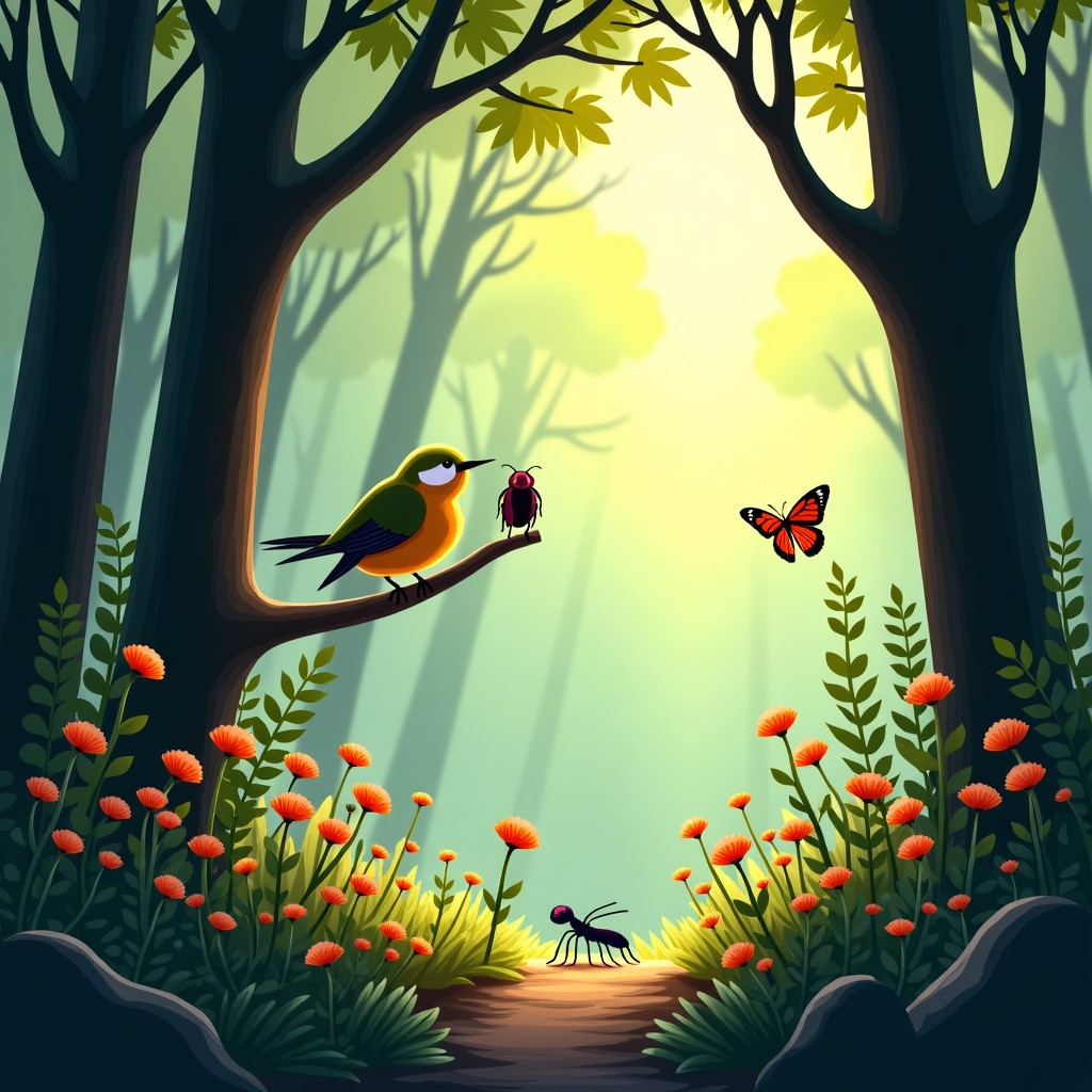 A rich and detailed composition of a forest ecosystem. A bird is perched on a branch looking at a beetle, while ants march on the ground and butterflies fly among wildflowers. Soft sunlight filters through the canopy. High contrast, realistic nature layout. 4:3
