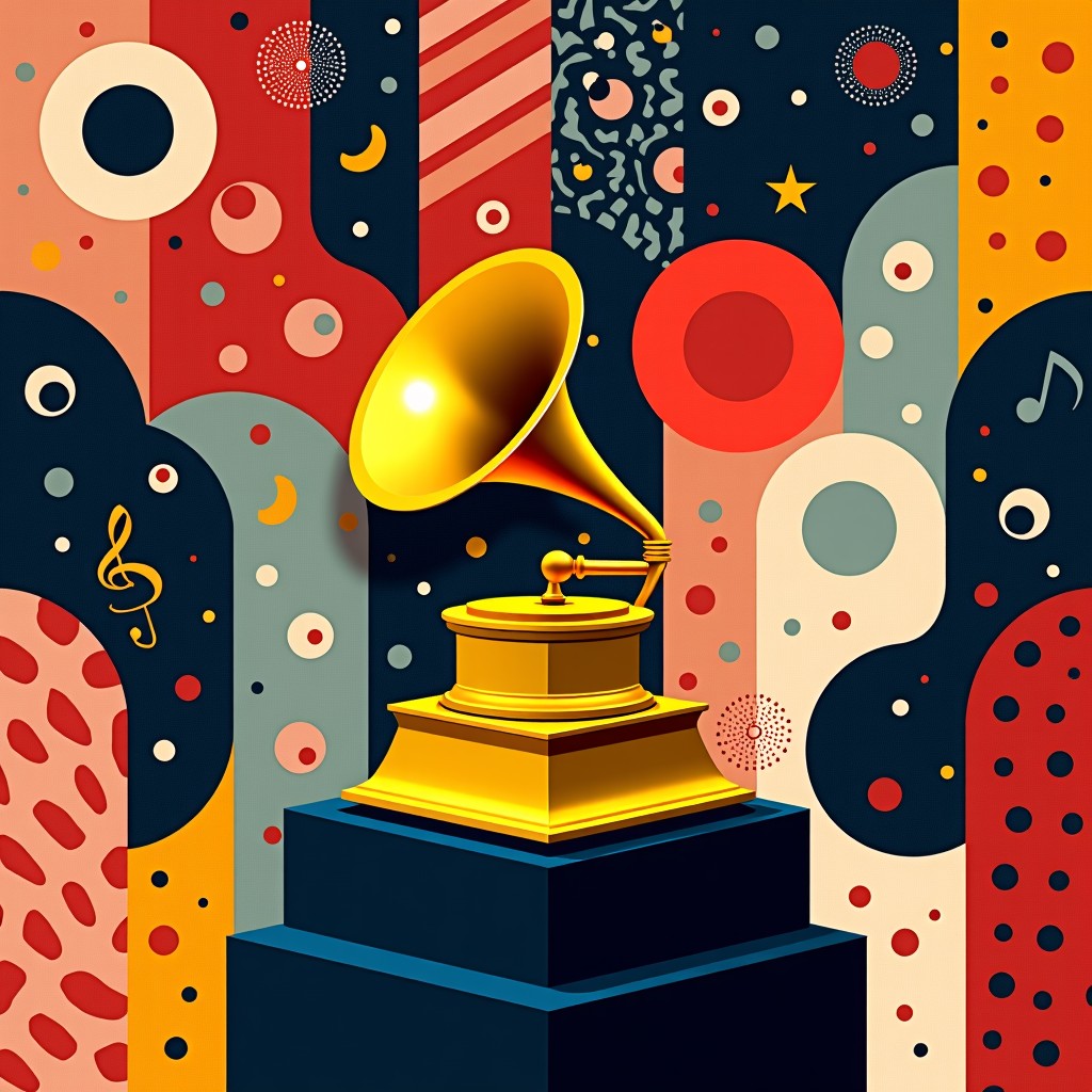 A golden gramophone trophy centered on a background of diverse cultural patterns and abstract colorful shapes representing global music unity at Grammy 2026, high contrast, elegant design, 1:1