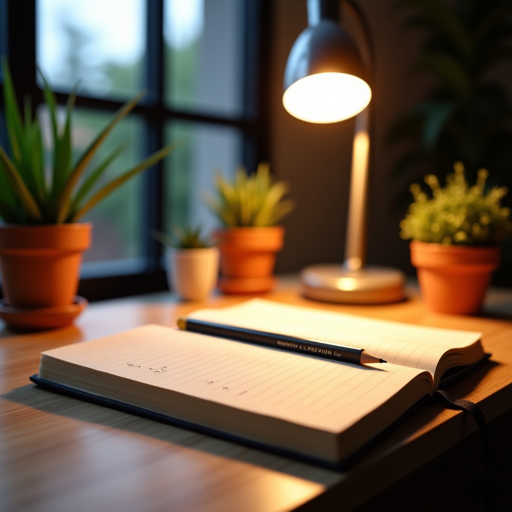 An aesthetic desk setup featuring a finished study session with a notebook filled with writing, an Orenznero pencil, and a warm desk lamp. Relaxing and productive atmosphere, soft focus background, 4:3.
