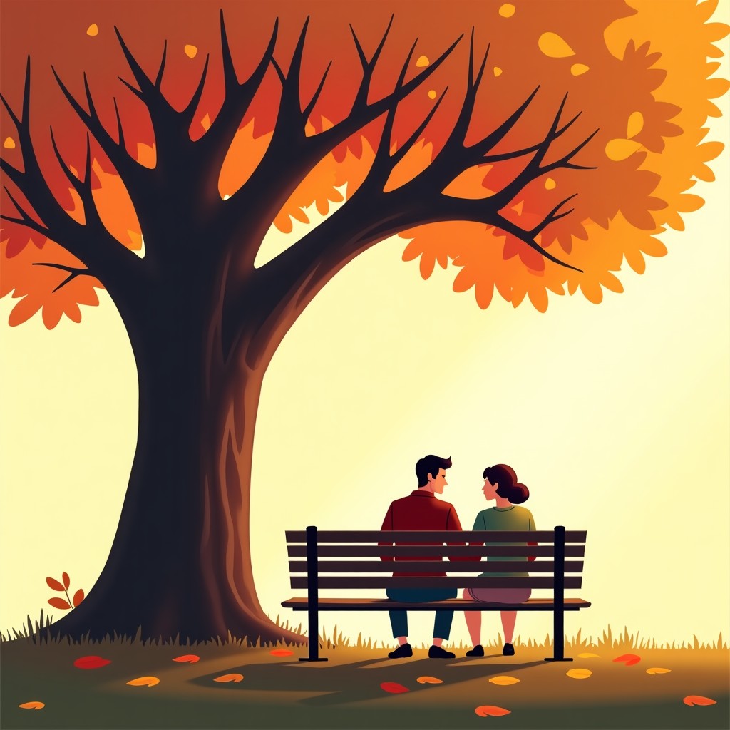 Two people sitting on a park bench under a large tree during autumn. They are engaged in a warm and empathetic conversation. Natural sunlight and peaceful atmosphere. Realistic style, 1:1