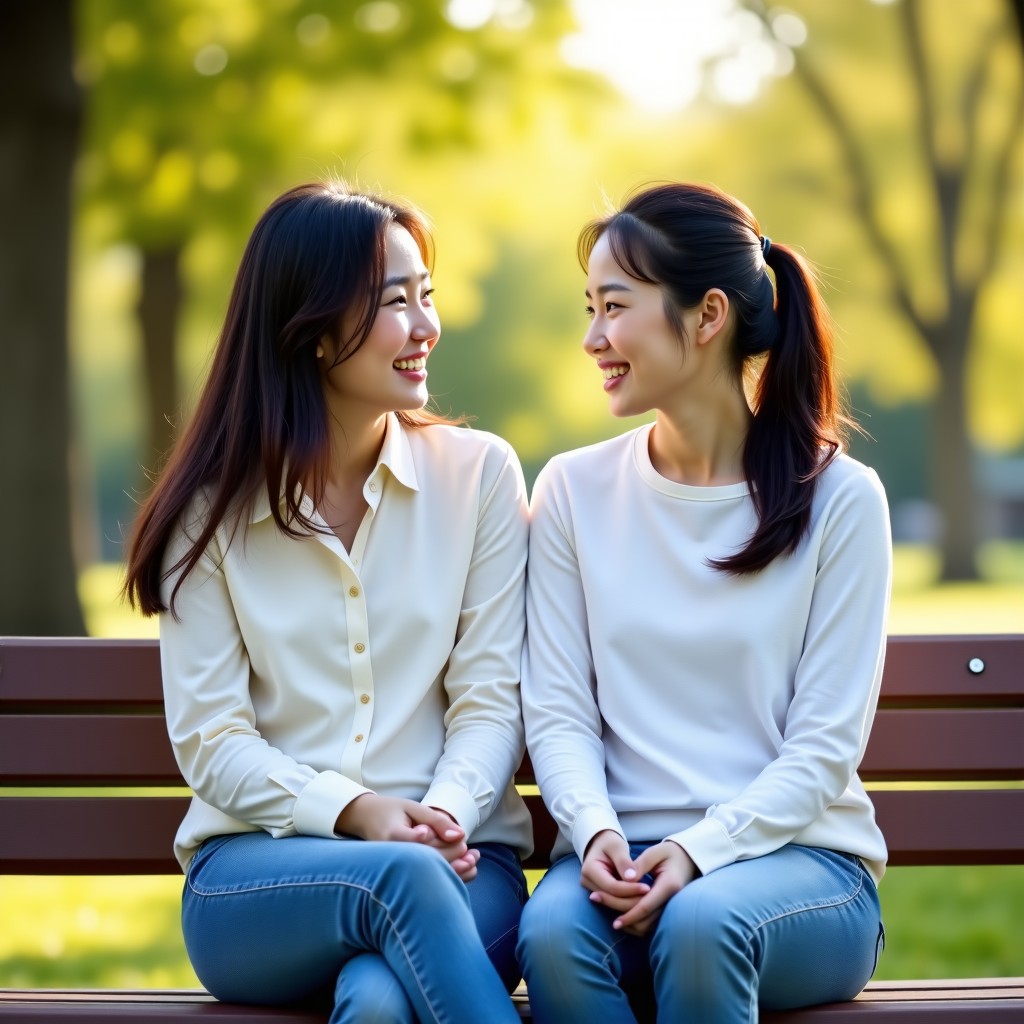 A Korean mother and her teenage daughter sitting on a park bench talking happily, natural sunlight, lifestyle photography, warm and friendly atmosphere, 4:3