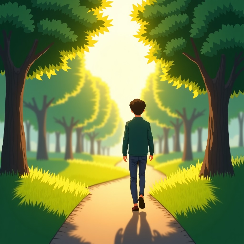 A peaceful Korean person walking in a lush green park reflecting on life with golden hour sunlight, serene atmosphere. 4:3