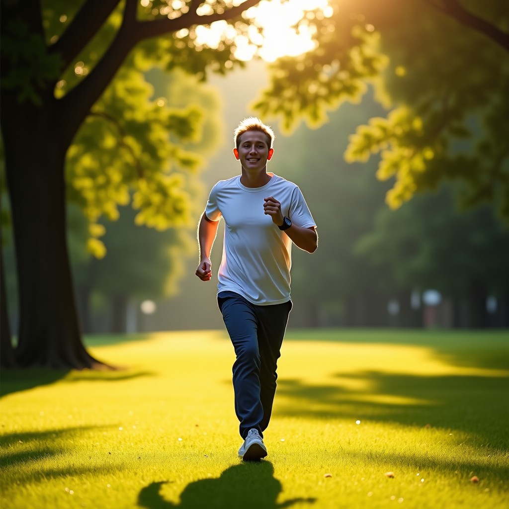 A person walking briskly in a beautiful green park during a sunny morning, expressing health and vitality, lifestyle photography, natural sunlight, 4:3
