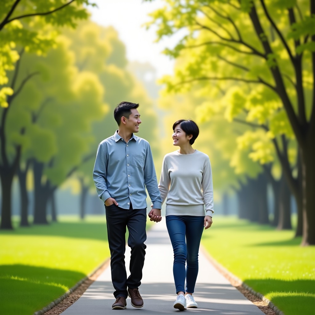 A Korean middle-aged couple walking side by side in a lush green park during spring, they are smiling and looking at each other naturally, vibrant colors, realistic photography, 4:3